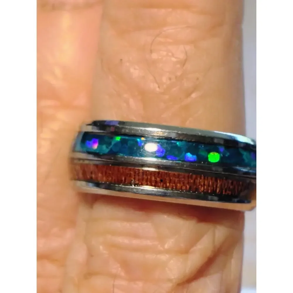 Blue Opal Koa Wood Inlay Comfort Band Ring Size 7